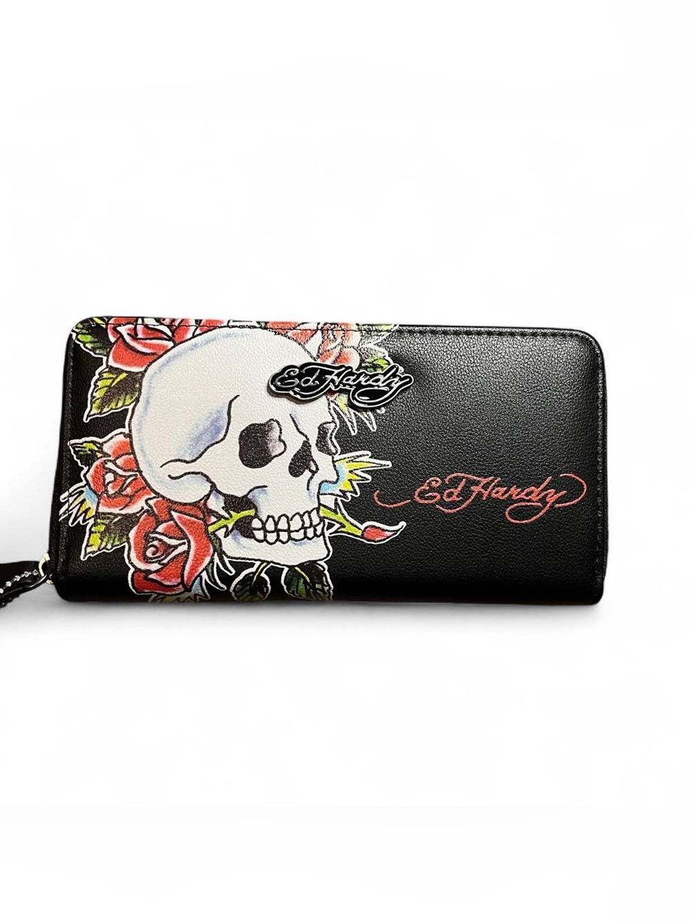 Ed Hardy Black Wallet with Skull & Red Rose Graphic